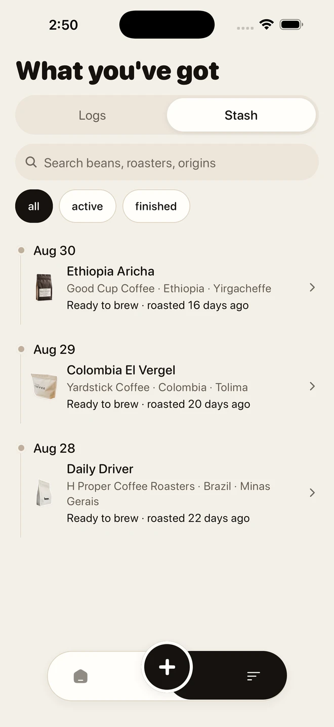 Coffee beans organized in Brewski’s Stash
